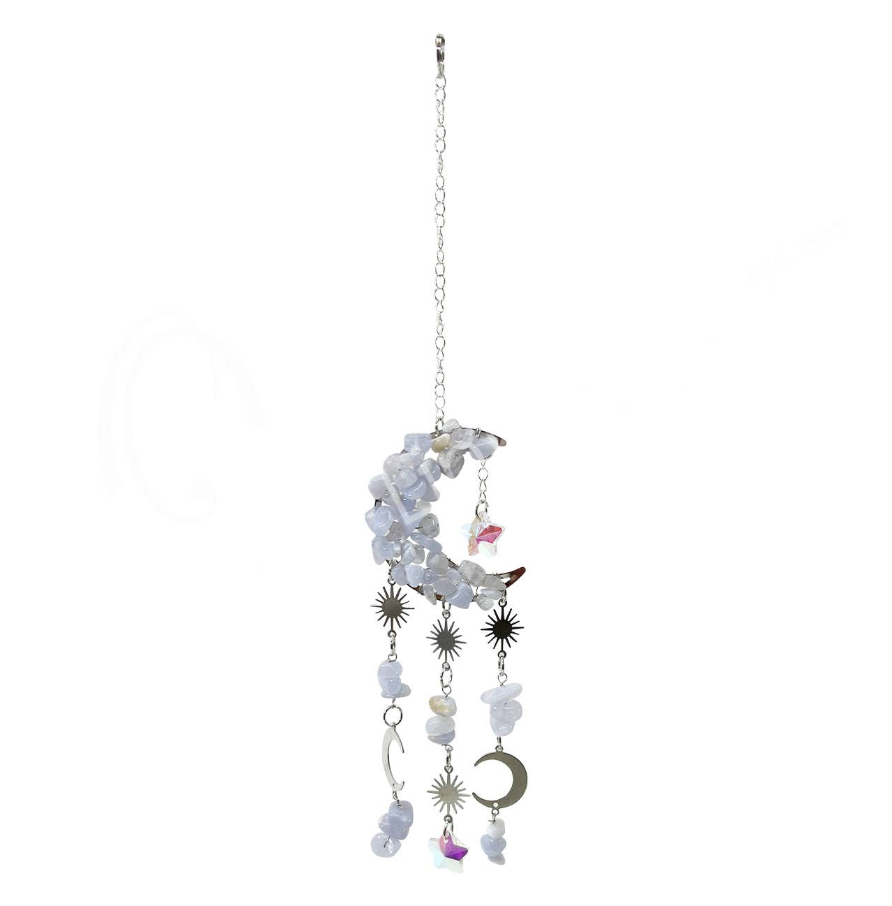 SUNCATCHER MOON IN SILVER METAL BLUE LACE AGATE CHIPS