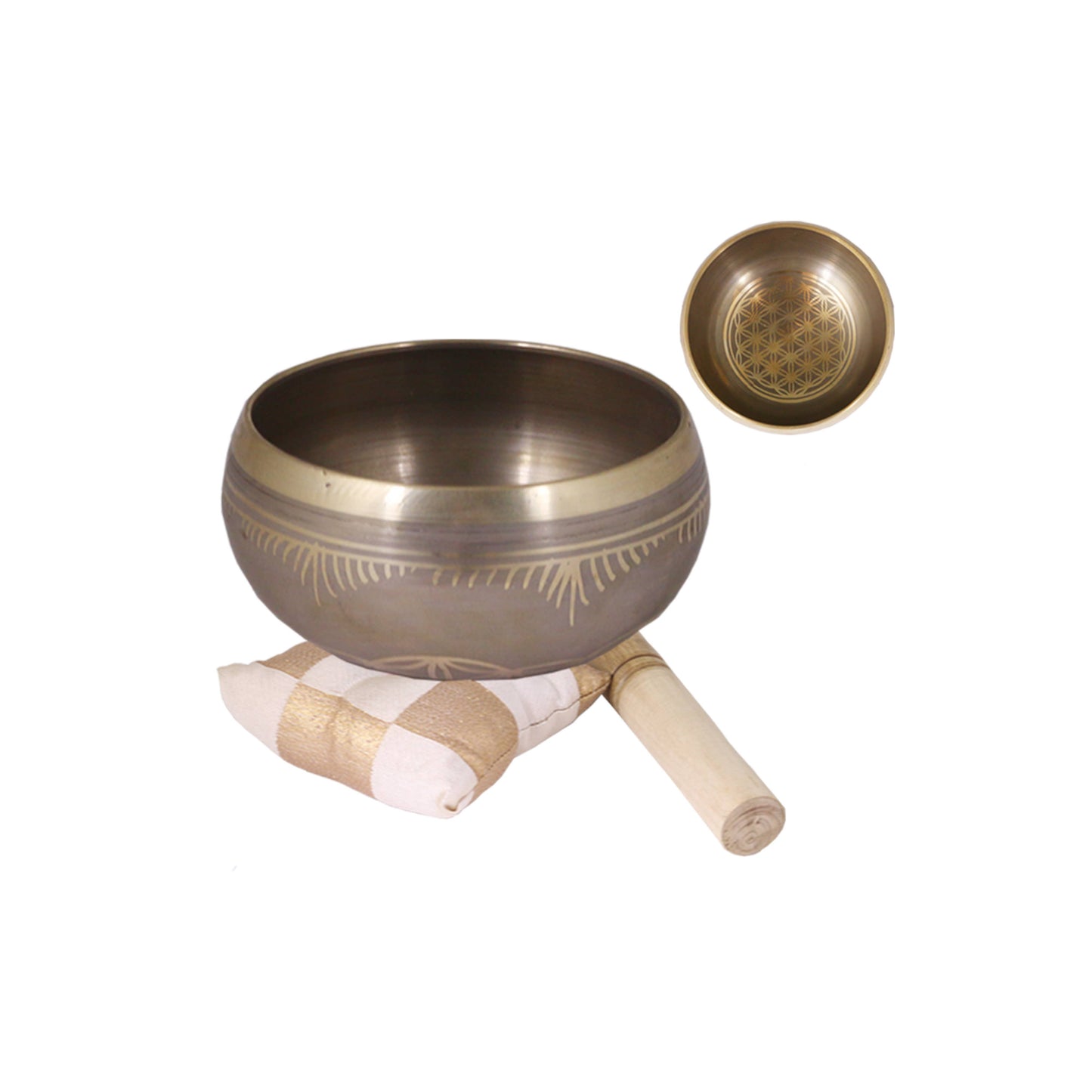 Bronze Flower of Life Tibetan Singing Bowl Cushion and Stick