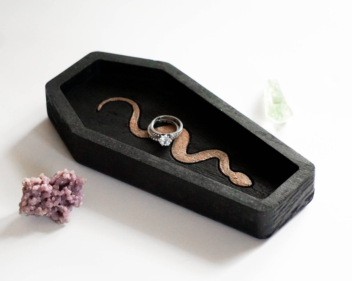 Halloween Coffin Tray, Crystal Dish, Ring Dish: Black & Bronze Snake