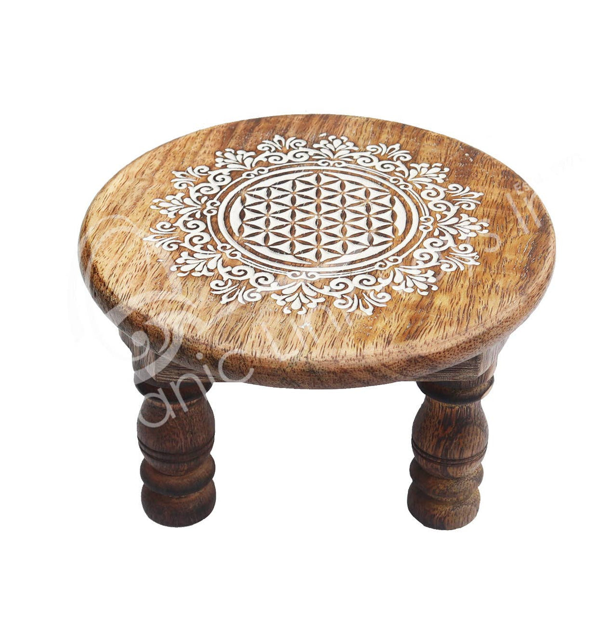ALTAR TABLE - MANGO WOOD ENGRAVED FLOWER OF LIFE 6"DIA.