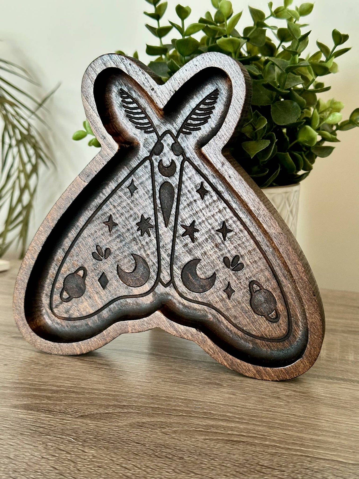 Moth Catchall Tray, Wooden Jewelry Dish, Mystic Decor: Dark Walnut & Bronze