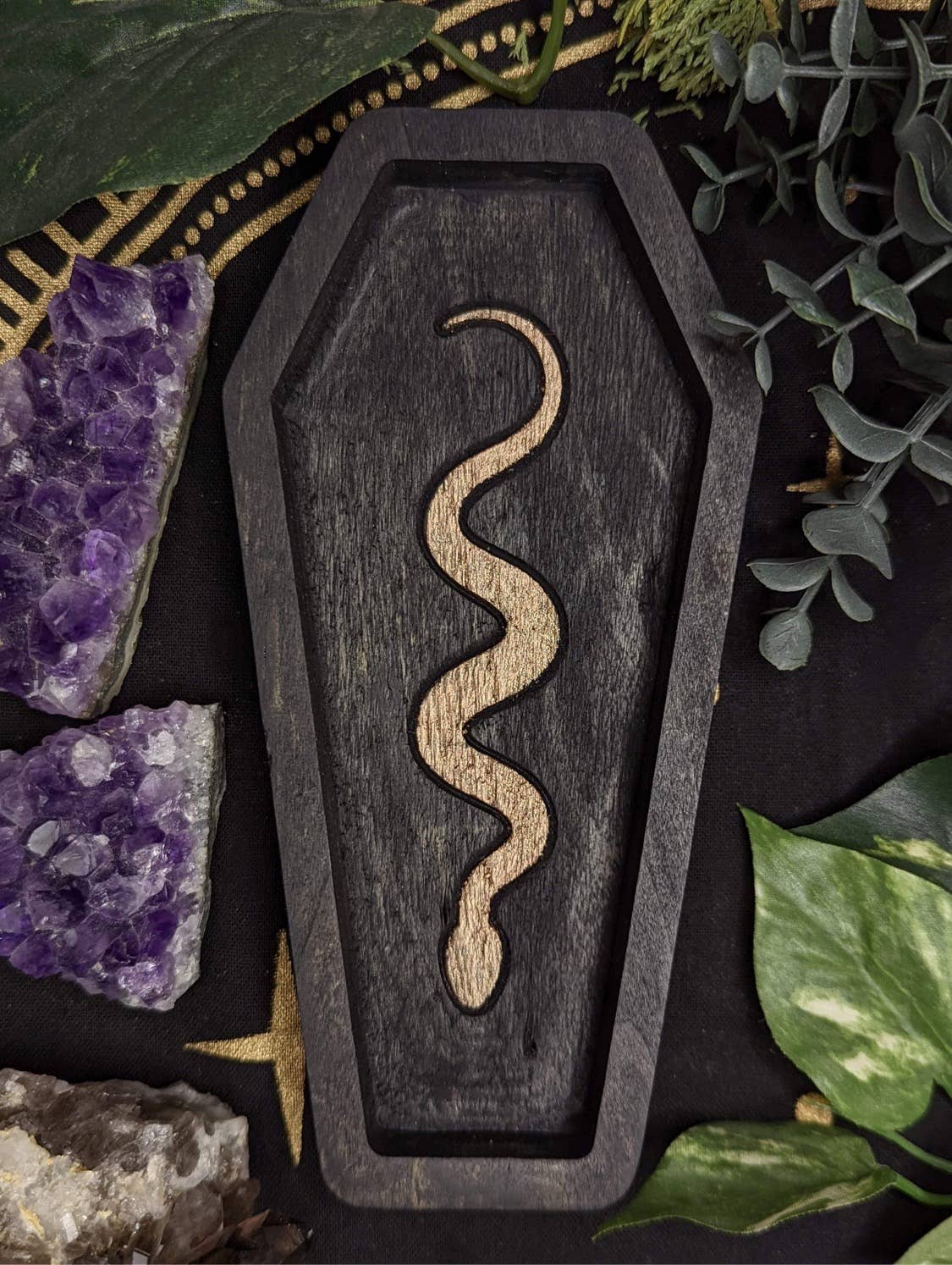Halloween Coffin Tray, Crystal Dish, Ring Dish: Black & Bronze Snake