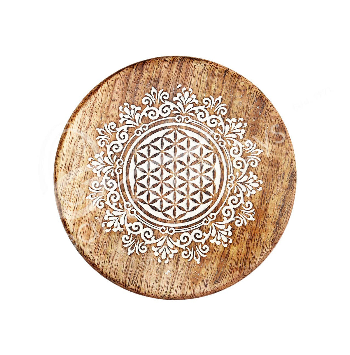 ALTAR TABLE - MANGO WOOD ENGRAVED FLOWER OF LIFE 6"DIA.