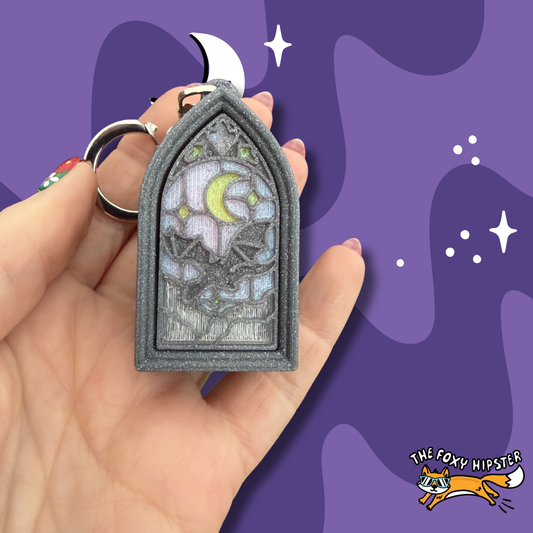 Gothic Stained Glass Dragon and Moon Fidget Clicker Keychain