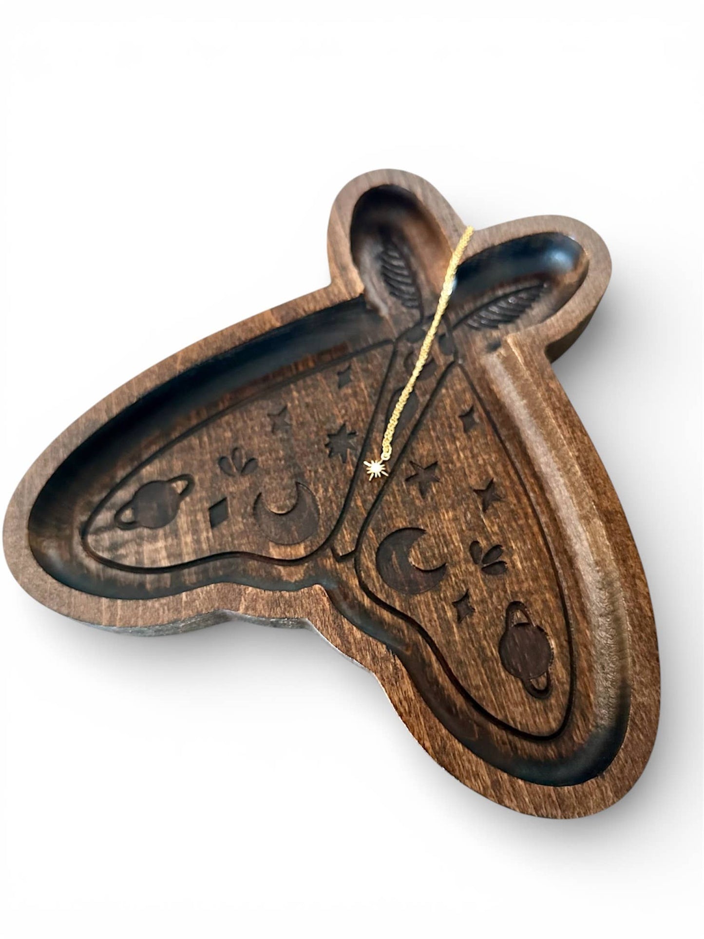Moth Catchall Tray, Wooden Jewelry Dish, Mystic Decor: Dark Walnut & Bronze