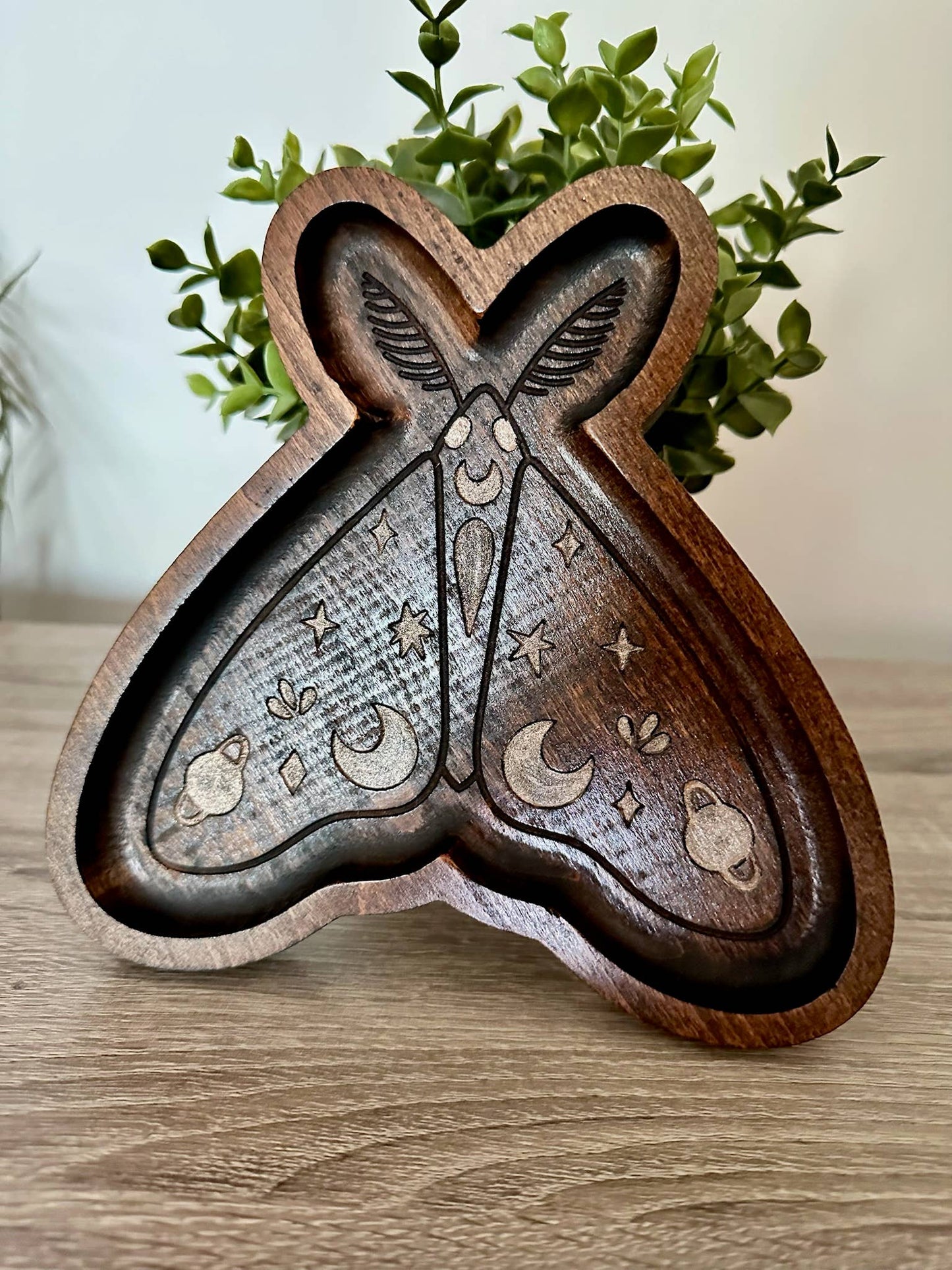 Moth Catchall Tray, Wooden Jewelry Dish, Mystic Decor: Dark Walnut & Bronze