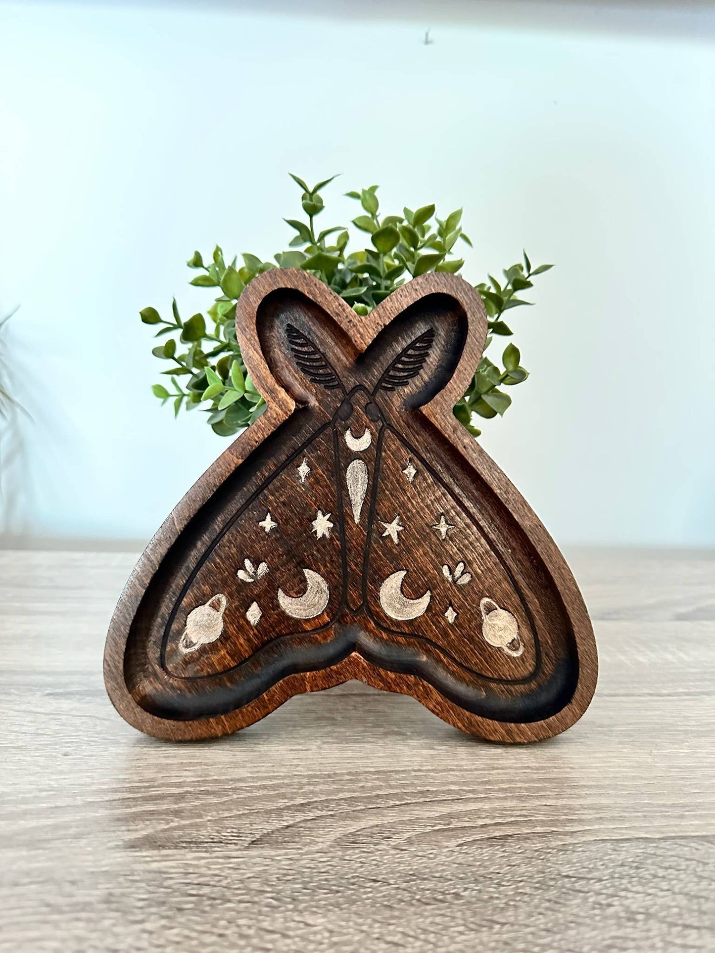 Moth Catchall Tray, Wooden Jewelry Dish, Mystic Decor: Dark Walnut & Bronze