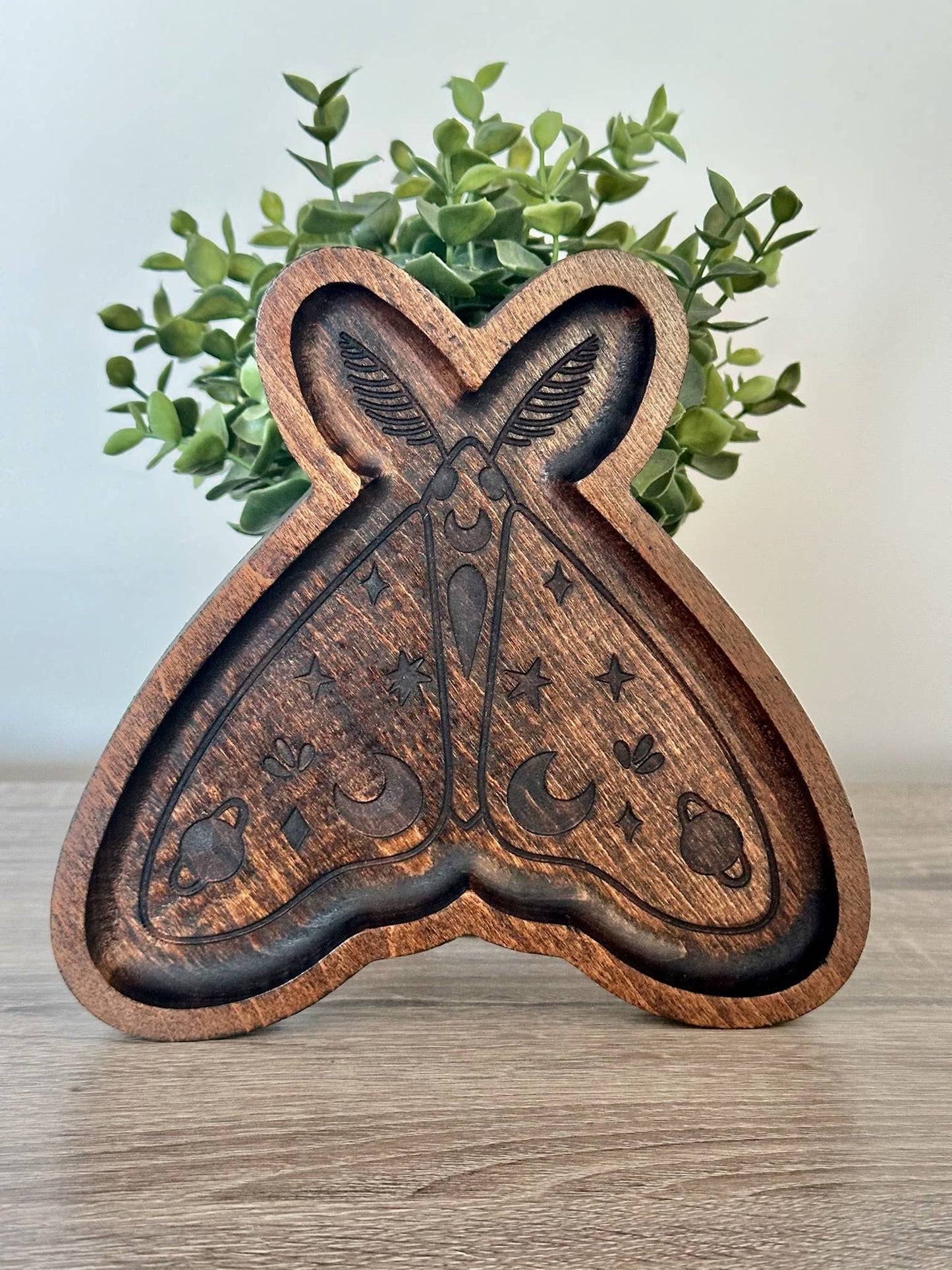 Moth Catchall Tray, Wooden Jewelry Dish, Mystic Decor: Dark Walnut & Bronze