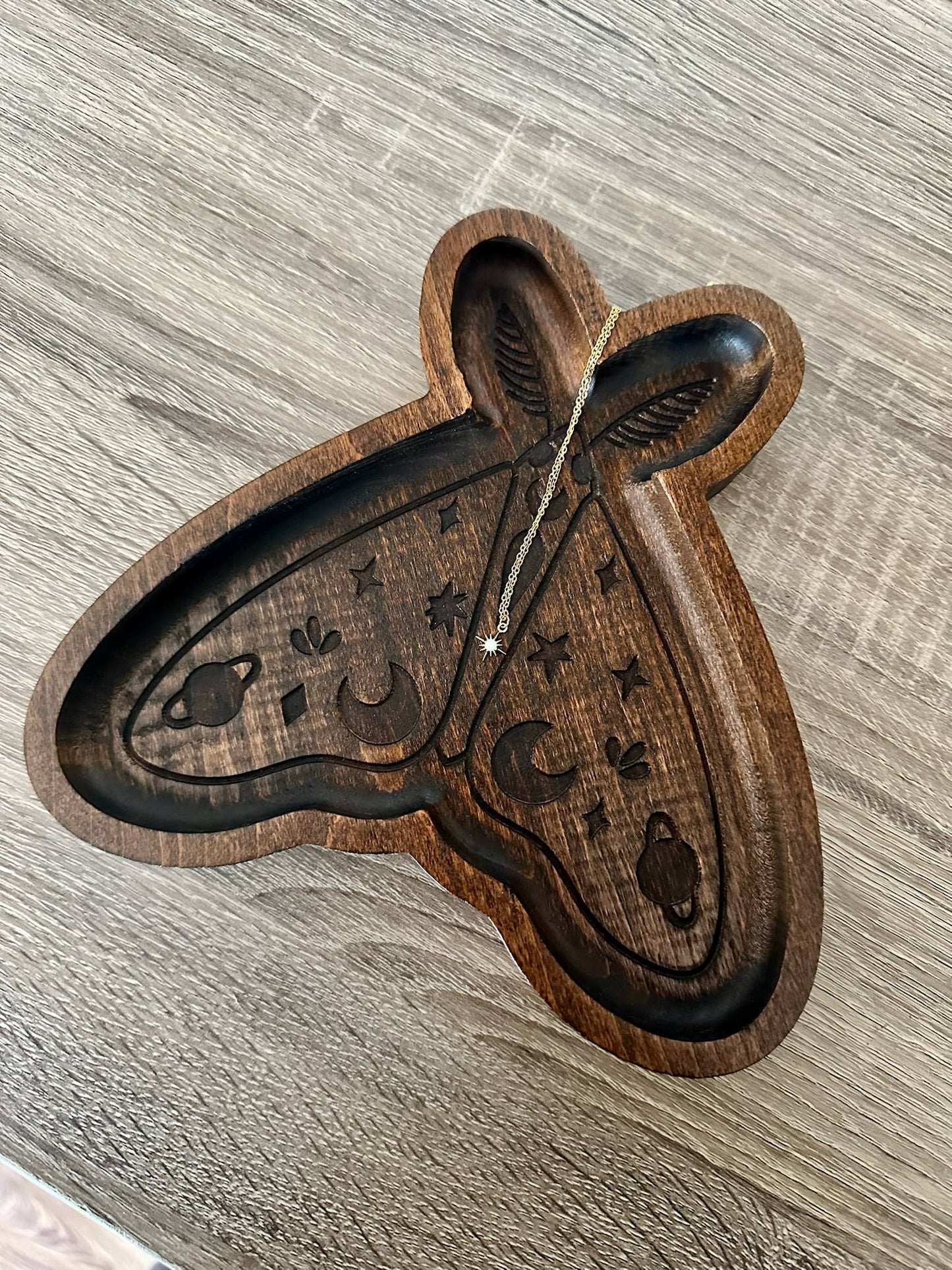 Moth Catchall Tray, Wooden Jewelry Dish, Mystic Decor: Dark Walnut & Bronze