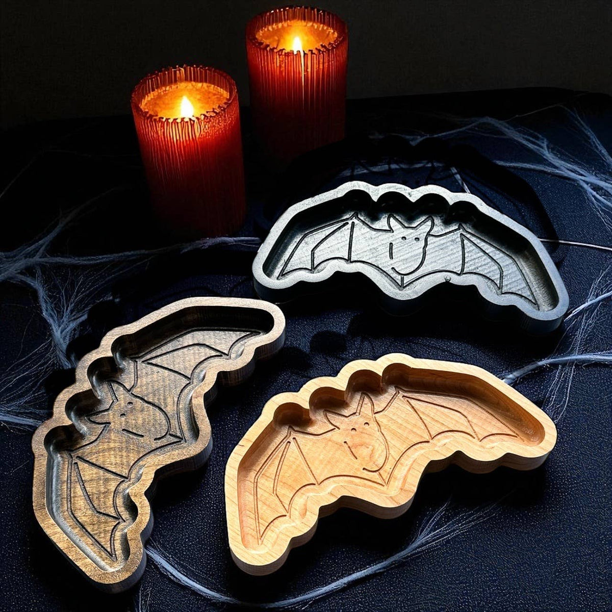 Bat Tray, Wooden Catchall, Gothic Home Decor, Crystal Dish: Black