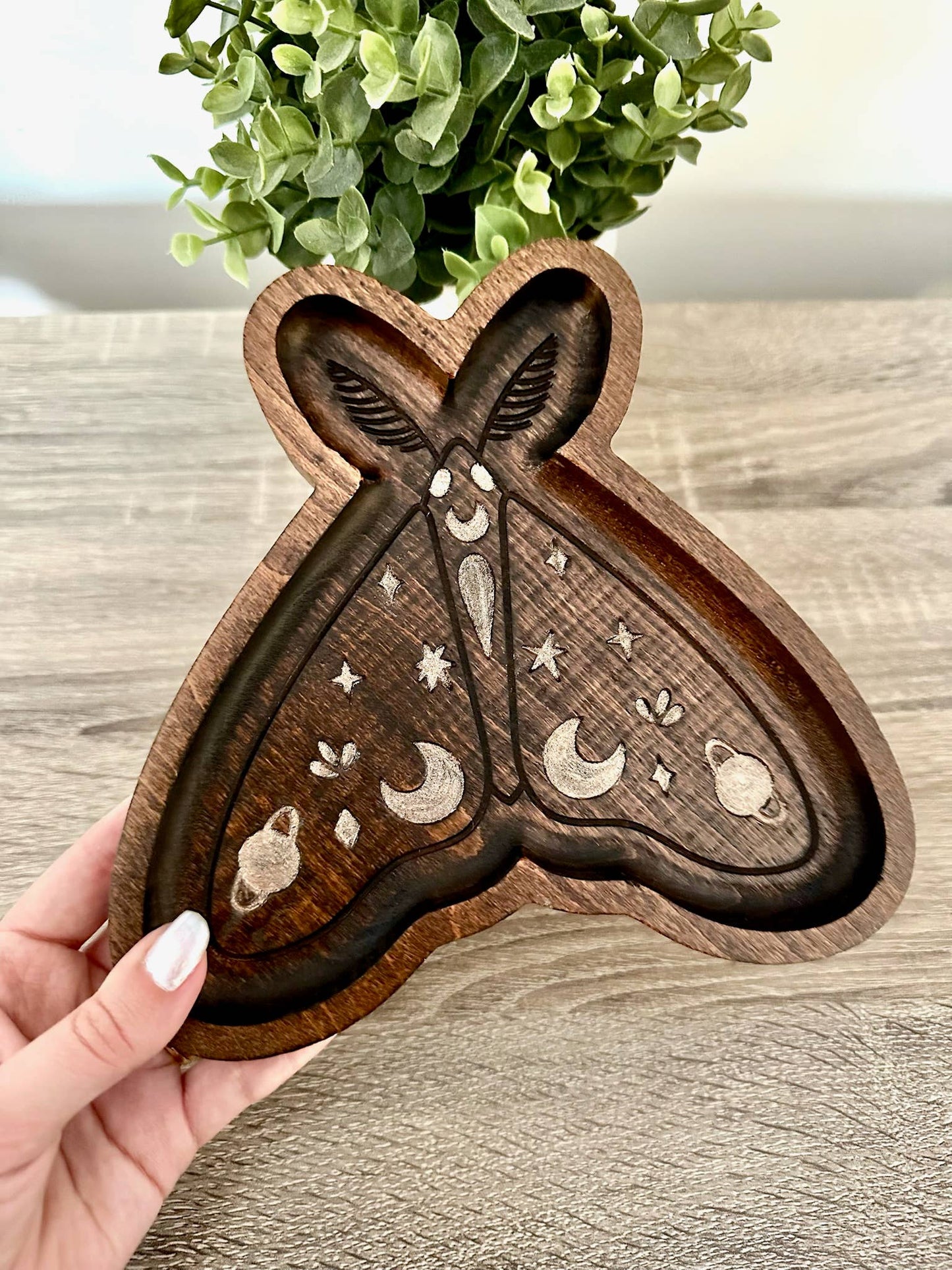 Moth Catchall Tray, Wooden Jewelry Dish, Mystic Decor: Dark Walnut & Bronze