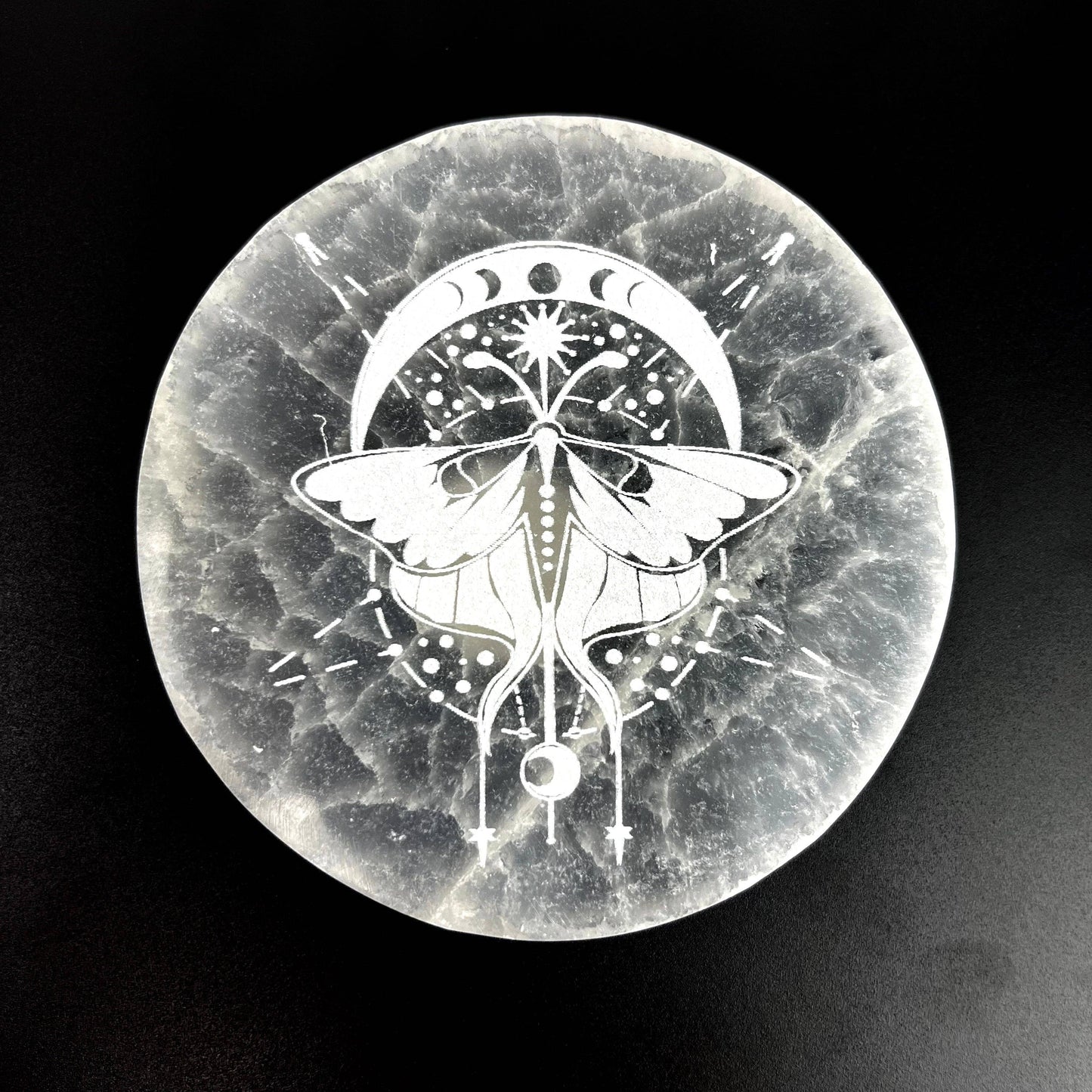 Lunar Moth Etched | Selenite Plate | 10 cm