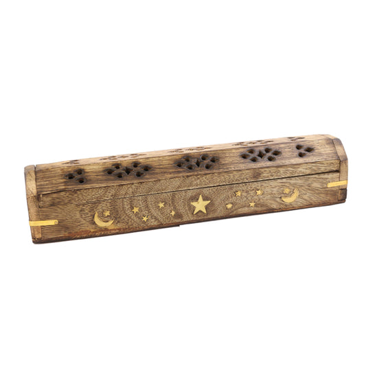 Moon and Stars Hand Carved Incense Wooden Coffin Box