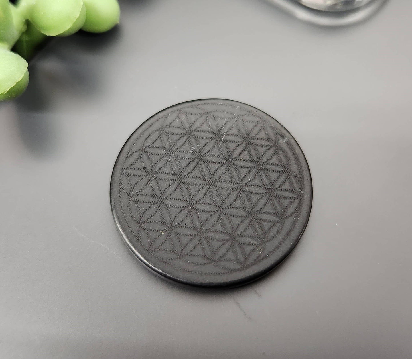 Shungite EMF Cell Phone Tile Engraved w/Flower of Life-25mm